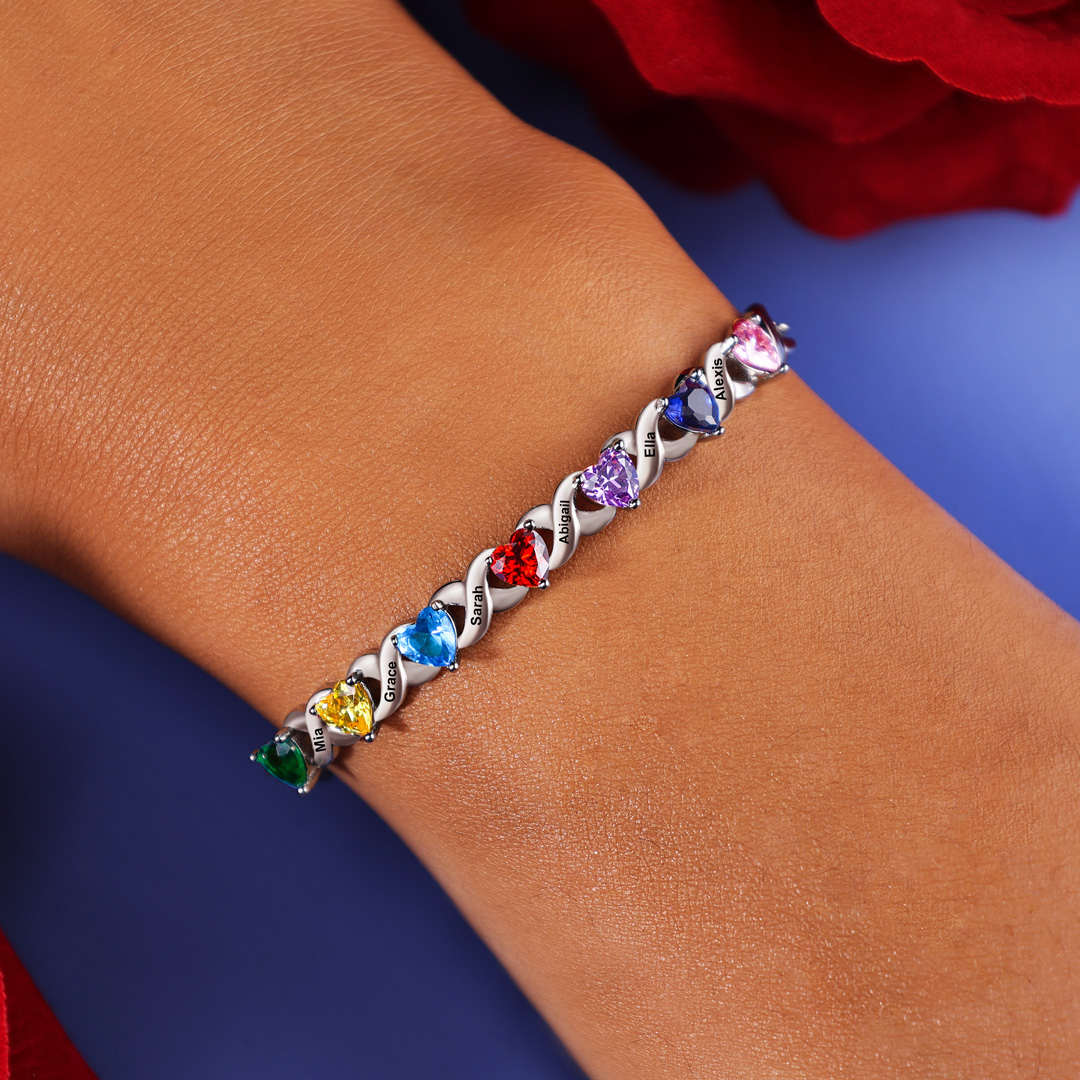 Personalised Bracelet With 4 Heart Birthstones Engraved Names Bracelet Gift For Women