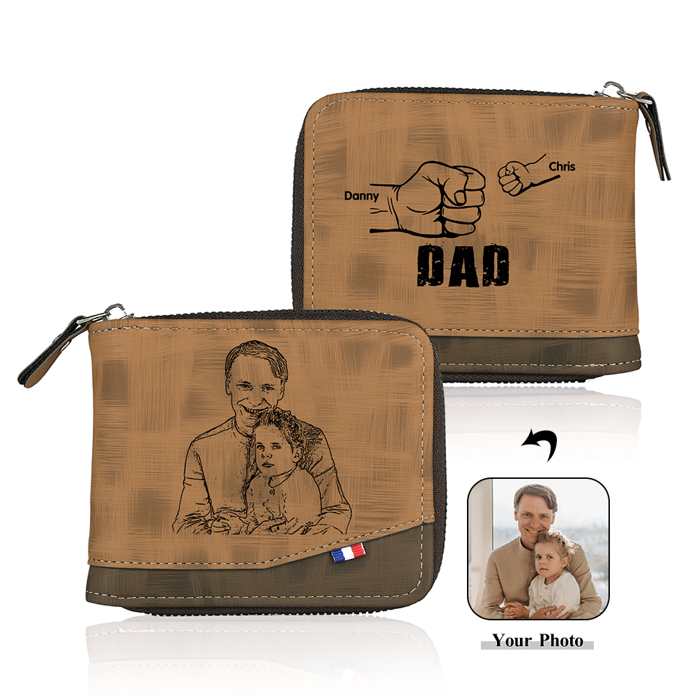 2 Names - Personalised Photo Custom Leather Men's Zipper Wallet as a Father's Day Gift for Dad