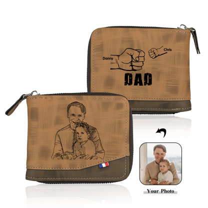 2 Names - Personalised Photo Custom Leather Men's Zipper Wallet as a Father's Day Gift for Dad