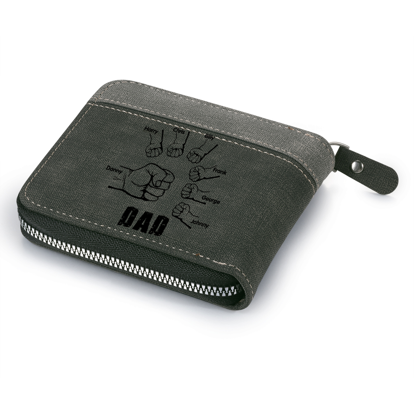 7 Names - Personalised Fist Bump Photo Custom Leather Men's Zipper Wallet as a Father's Day Gift for Dad