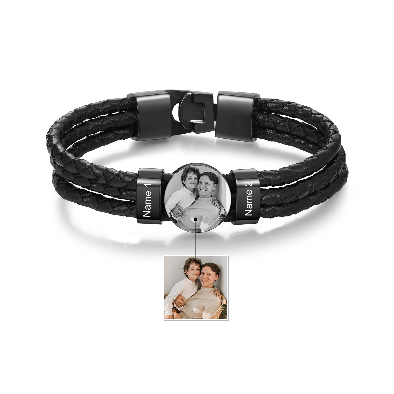 Personalised Braided Leather Bracelet Engraved with 2 Names and Customized 1 Photo Men's Bracelet for Dad