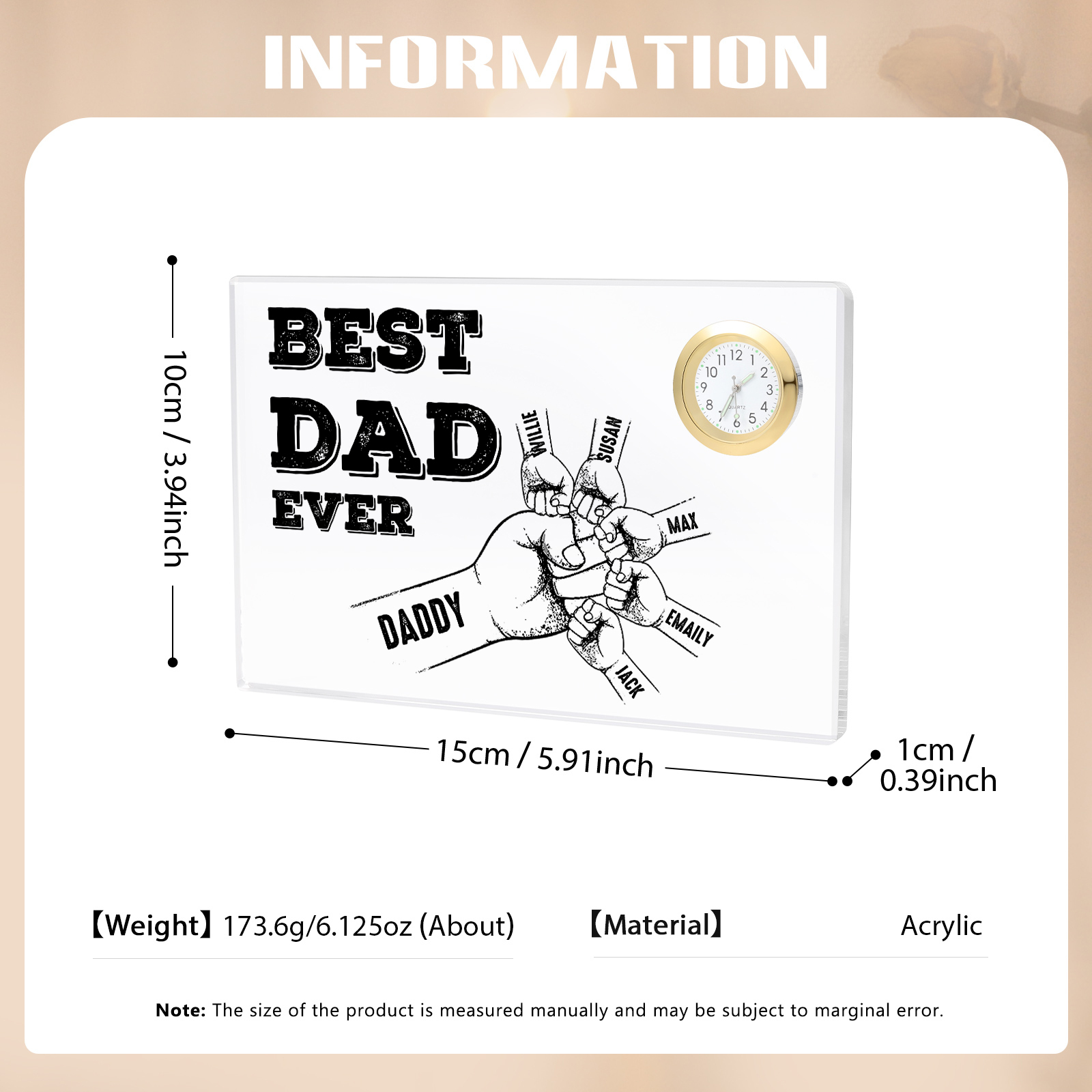 6 Names - Personalised Fist Bump Pattern Custom Name Acrylic Rectangular Clock Ornament Father's Day Gift