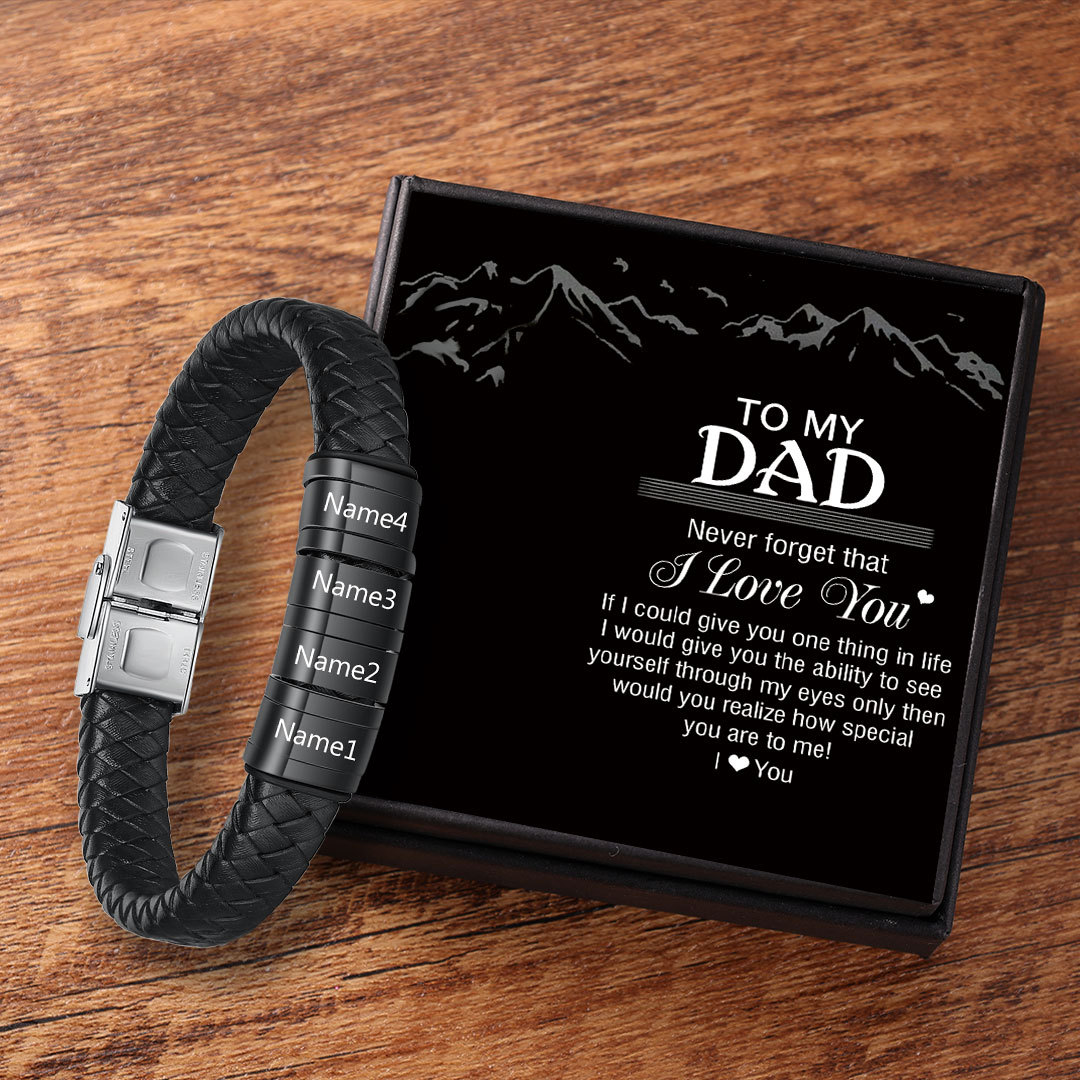 Men Leather Braided Bracelet Personalised with 4 Names 4 Beads Gift For Father's Day