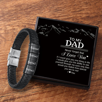 Men Leather Braided Bracelet Personalised with 4 Names 4 Beads Gift For Father's Day