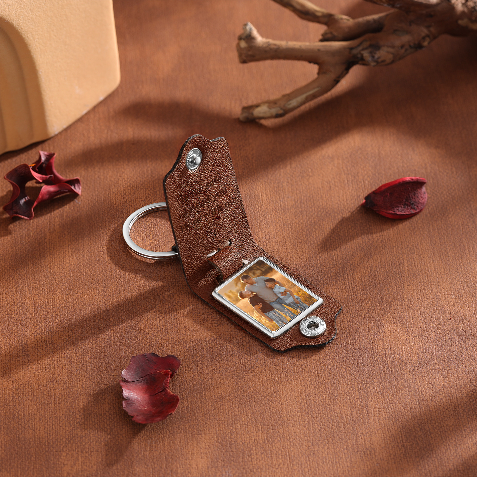 Personalised Text & Photo Men's Leather Keyring - Drive Safely - For Dad