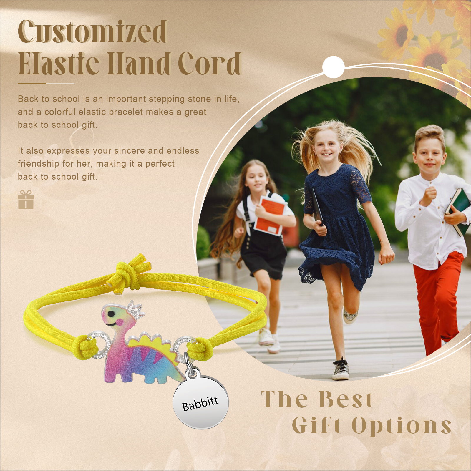Personalised Name Cute Dinosaur Style Elastic Cord Rubber Rope Bracelet, As A Back To School Gift For Children