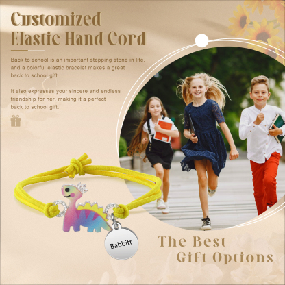 Personalised Name Cute Dinosaur Style Elastic Cord Rubber Rope Bracelet, As A Back To School Gift For Children
