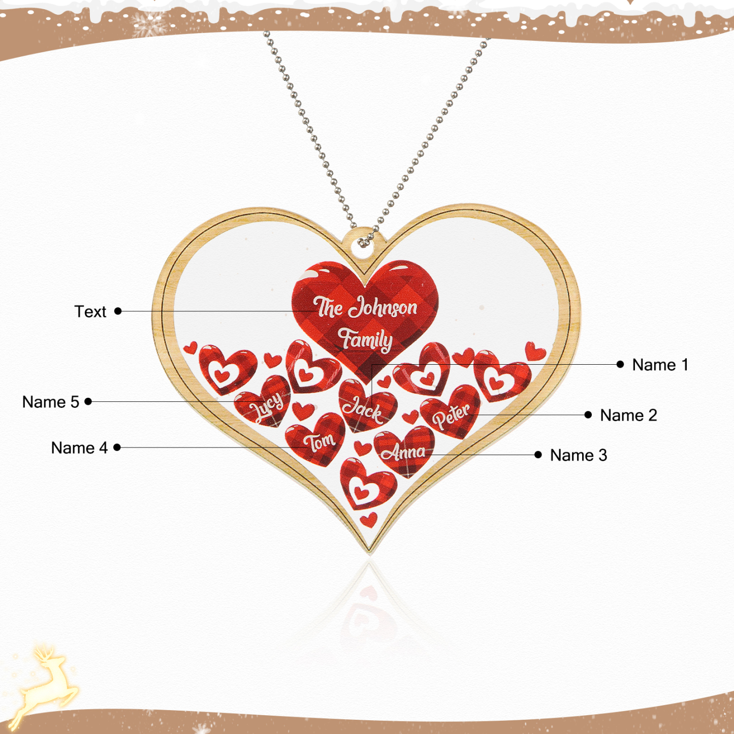 5 Names-Personalized Family Acrylic Heart Christmas Xmas Tree Decoration Ornament-Custom 5 Names And Text Hanging Ornament Gifts For Family