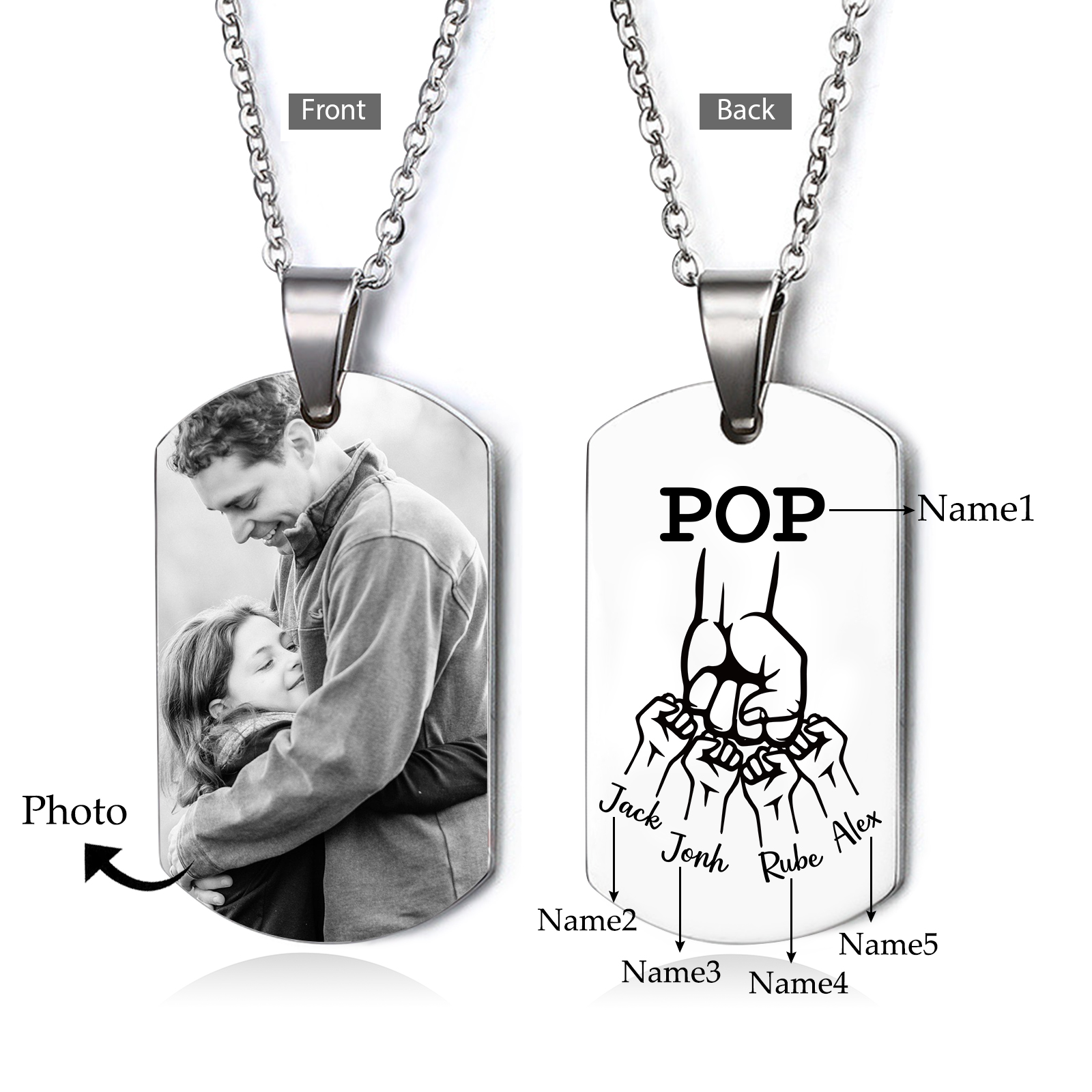 5 Names-Personalised Dad Photo Fist Stainless Steel Necklace-Custom Names and Photo Necklace for Father/Grandad