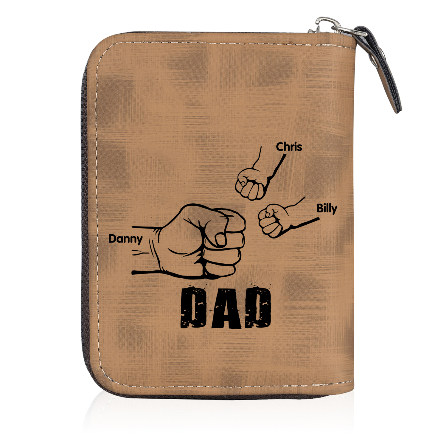 3 Names - Personalised Fist Bump Fist Bump Photo Custom Leather Men's Zipper Wallet as a Father's Day Gift for Dad