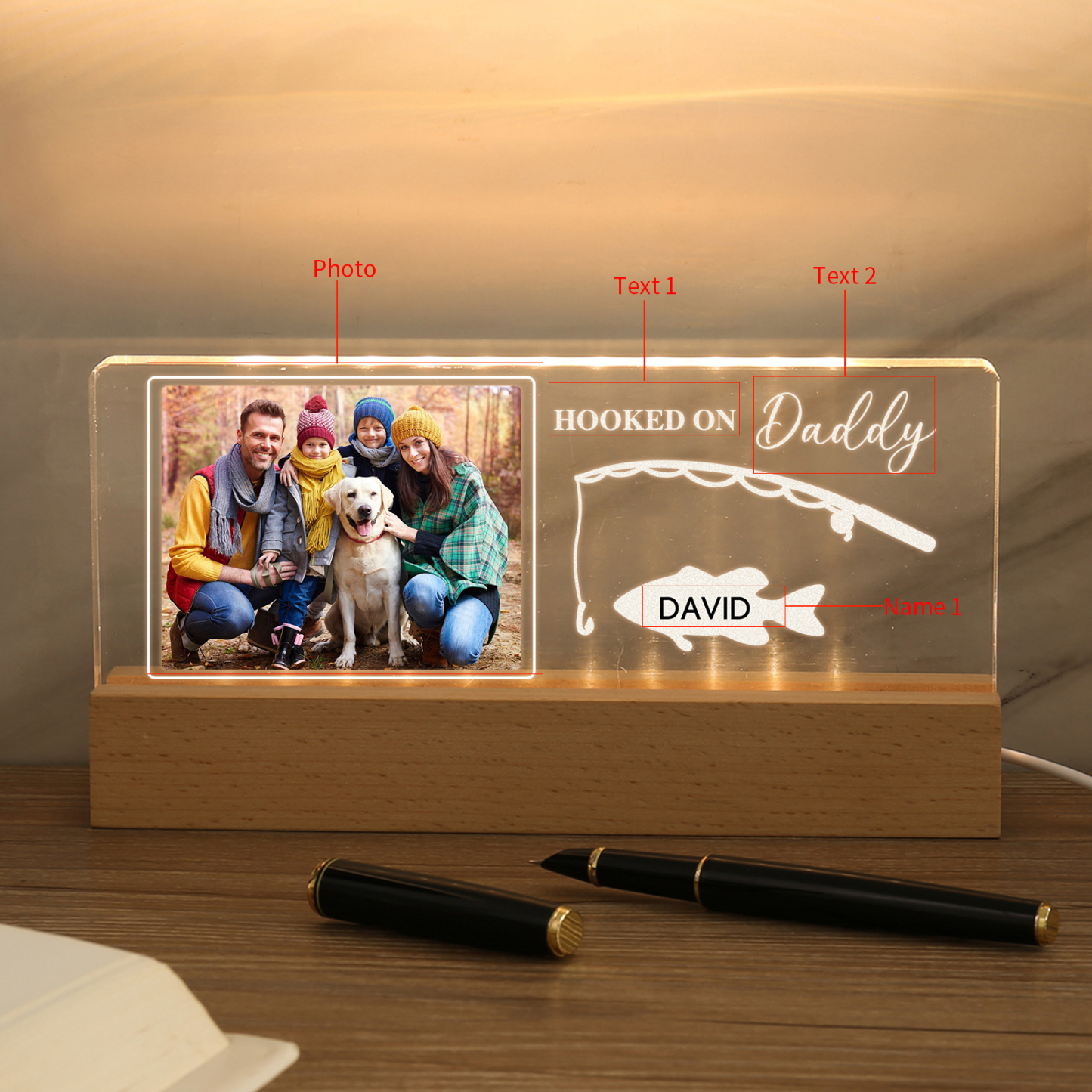 1 Name - Personalised Photo Fishing Pattern Desk Lamp Father's Day Gift For Dad