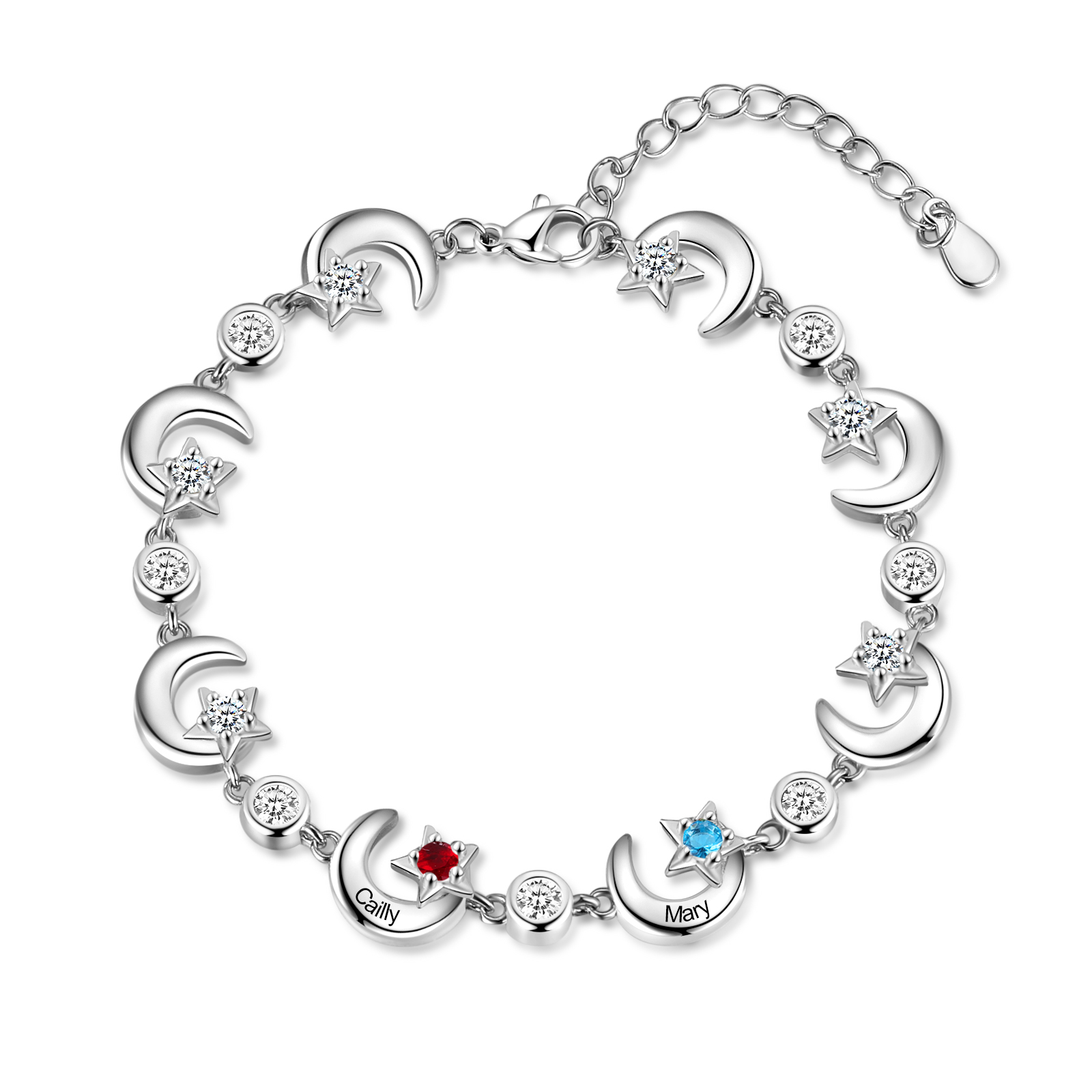 2 Names-Personalised Moons And Stars Bracelet With 2 Birthstones Custom Names Bracelet Gift For Women