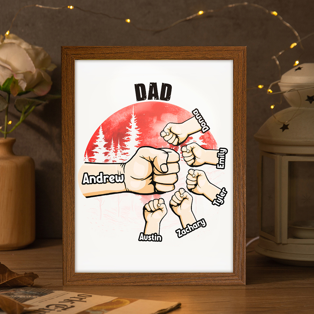 6 Names-Personalised Fist Dad LED Light Wooden Photo Frame -Custom Text & Names, Adjustable 3 Colors