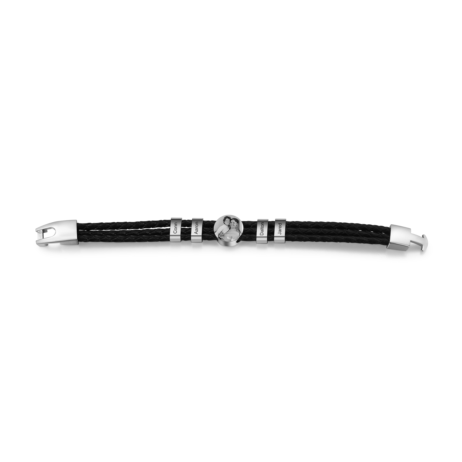 Personalised Braided Leather Bracelet Engraved with 4 Names and Customized 1 Photo Men's Bracelet for Dad