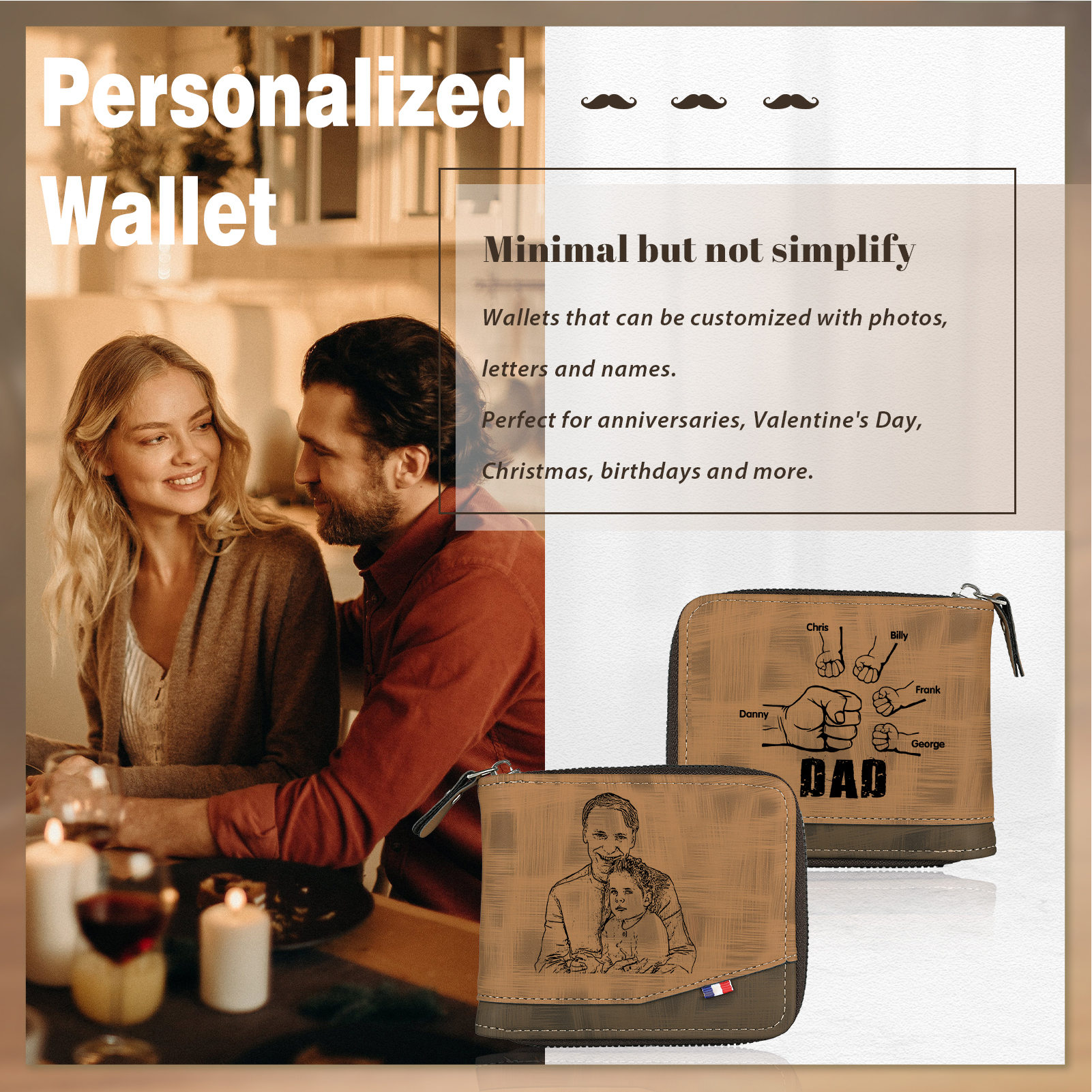 5 Names - Personalised Photo Custom Leather Men's Zipper Wallet as a Father's Day Gift for Dad