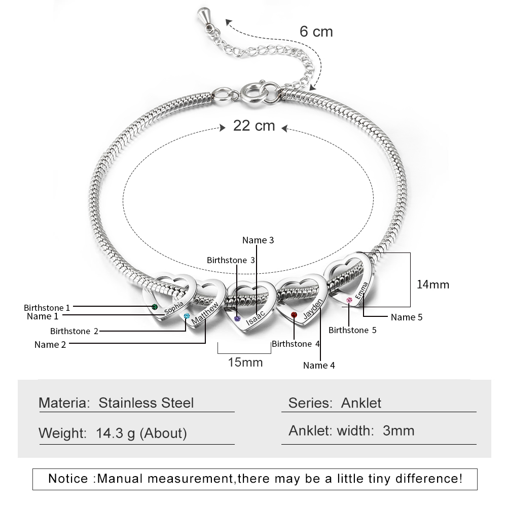 Custom Anklet Engraved 5 Names and Birthstones Heart Shaped Charm Personalised Bracelet for Women