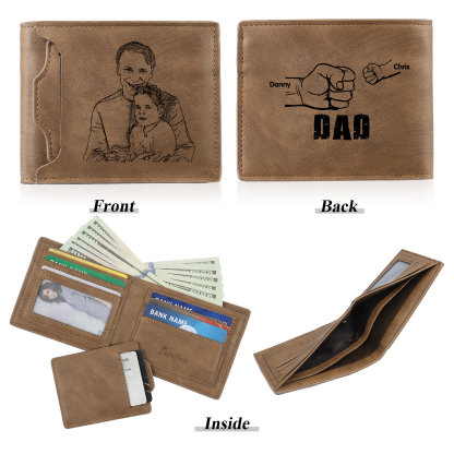 2 Names - Personalised Photo Custom Leather Men's Folding Wallet as a Father's Day Gift for Dad