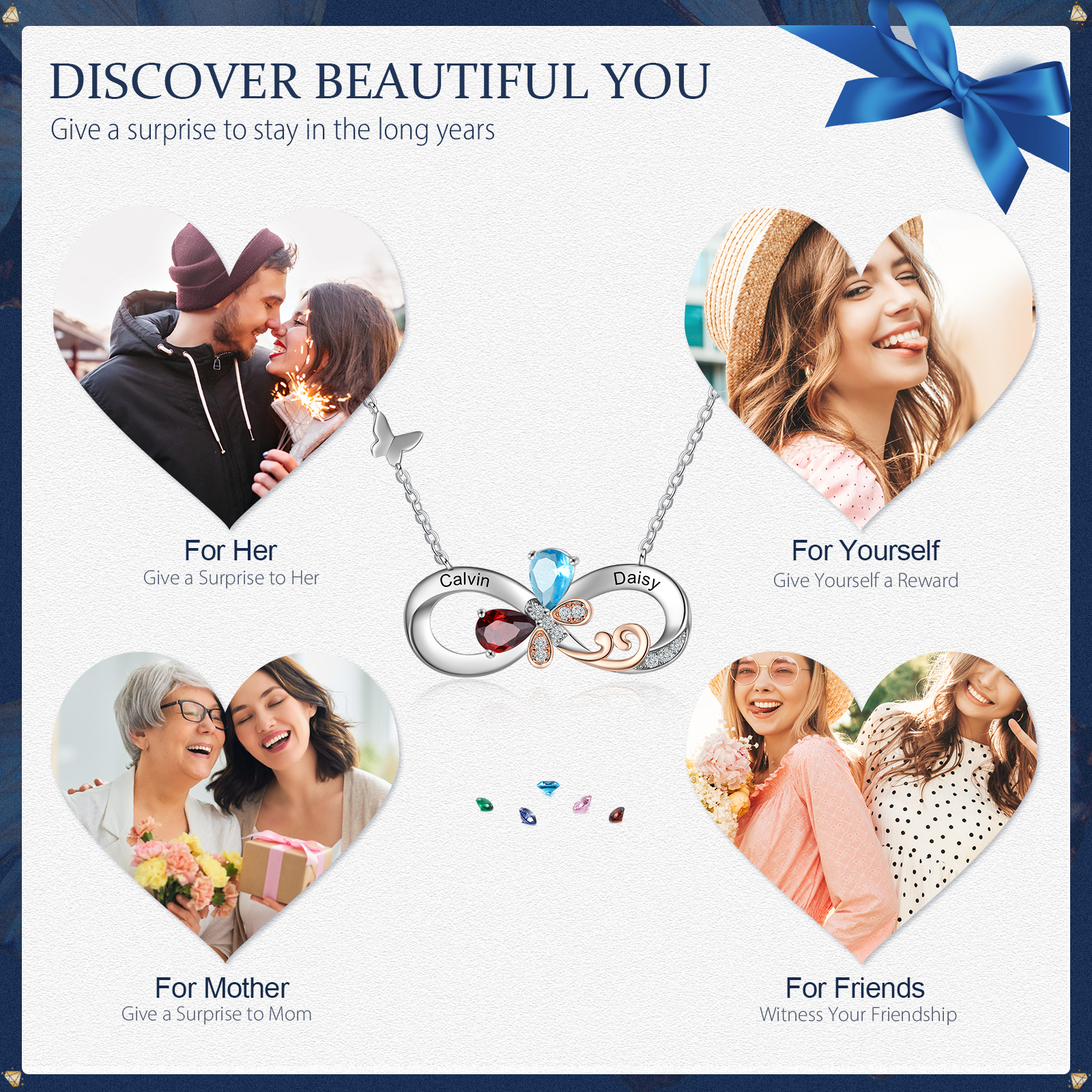 Personalised Infinity Butterfly Necklace With 2 Birthstones Engraved Names Gift For Women