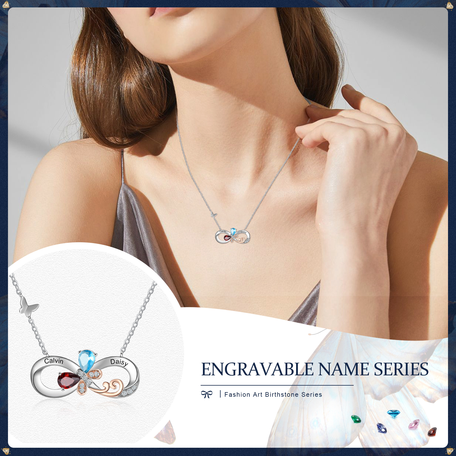 Personalised Infinity Butterfly Necklace With 2 Birthstones Engraved Names Gift For Women