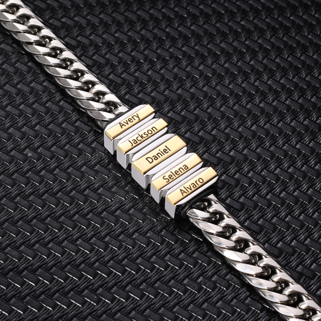 Personalised Mens Cuban Link Chain Bracelet Engraved 4 Beads Father's Day Gift