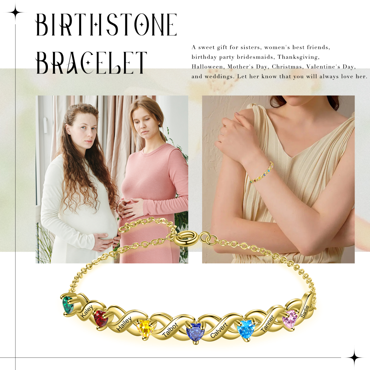 Personalised Bracelet With 6 Heart Birthstones Engraved Names Bracelet Gift For Women