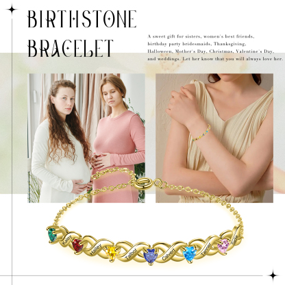 Personalised Bracelet With 6 Heart Birthstones Engraved Names Bracelet Gift For Women