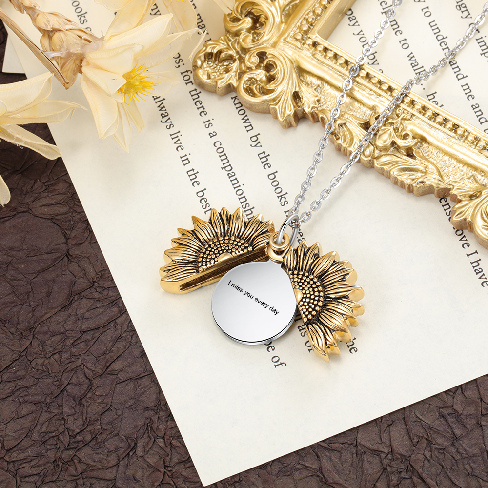 Personalised Open Locket Sunflower Photo Necklace With Engraving