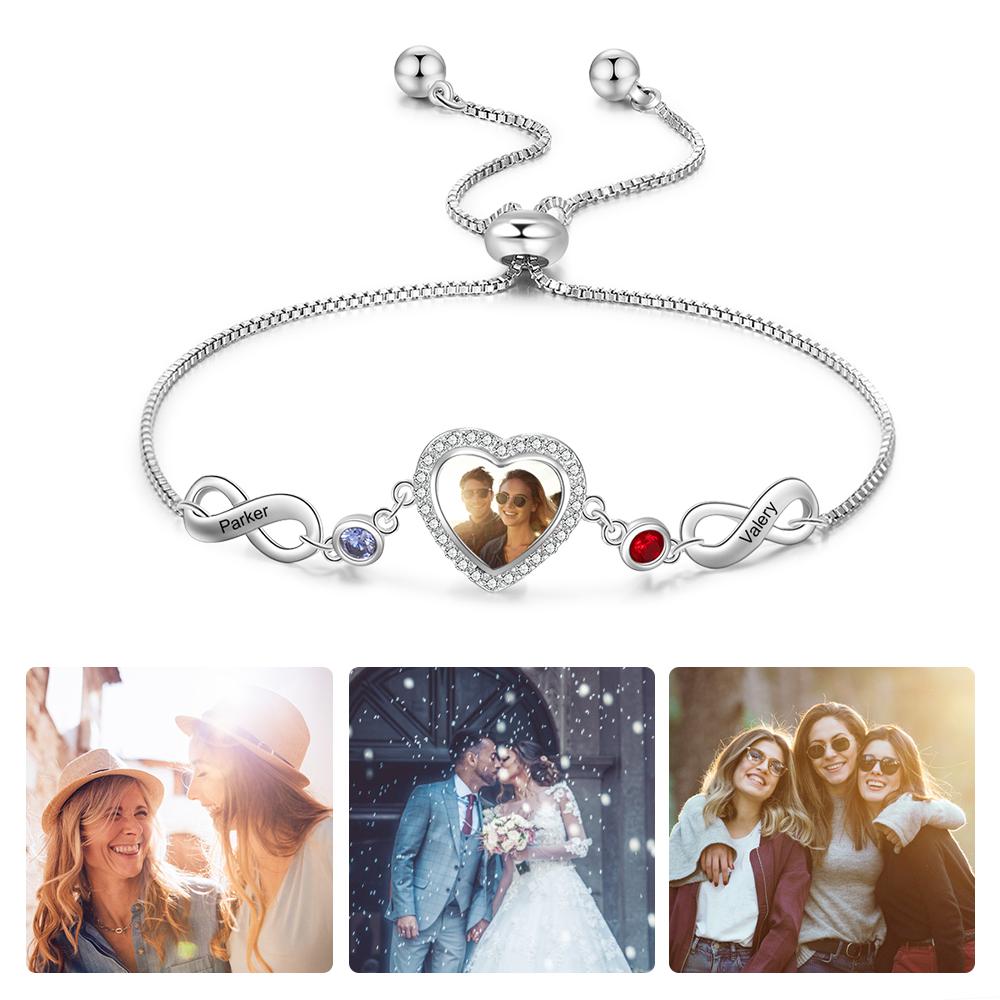 Personalised Heart Photo Bracelet With Birthstones Custom Photo Bracelet Gifts For Her