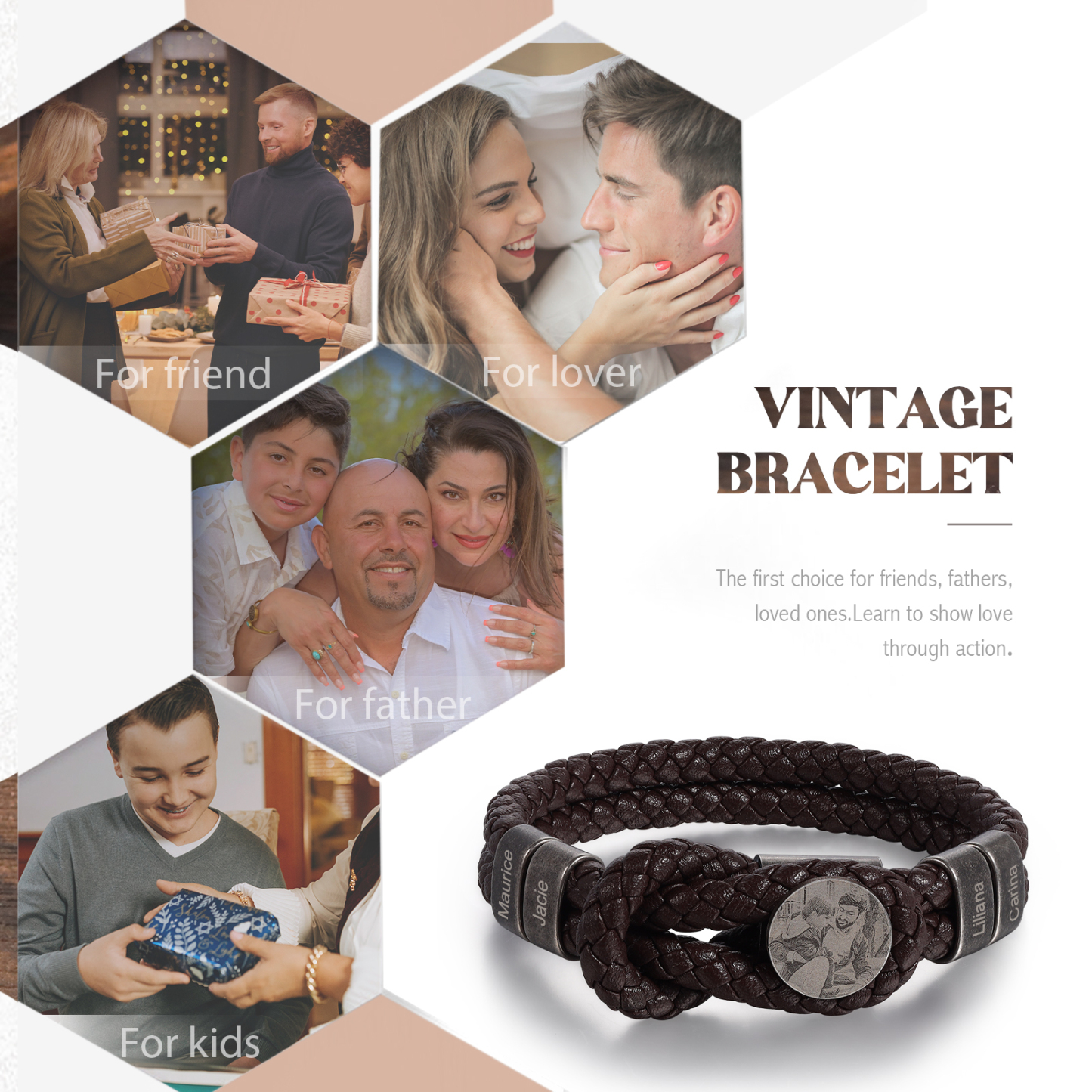 4 Names-Personalised Mens Photo Bracelet Engraved with Names, Custom Special Men's Braided Name Bracelet