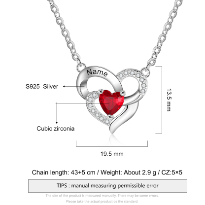 Personalised S925 Silver Women Heart Necklace With 1 Birthstone Engraved Names Gift For Women