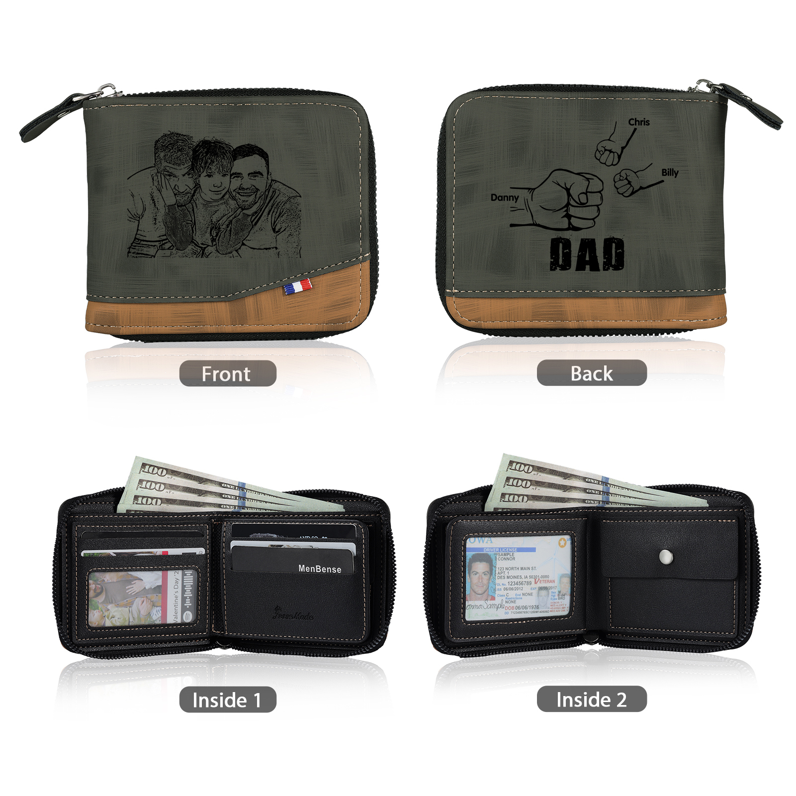 3 Names - Personalised Photo Custom Leather Men's Zipper Wallet as a Father's Day Gift for Dad