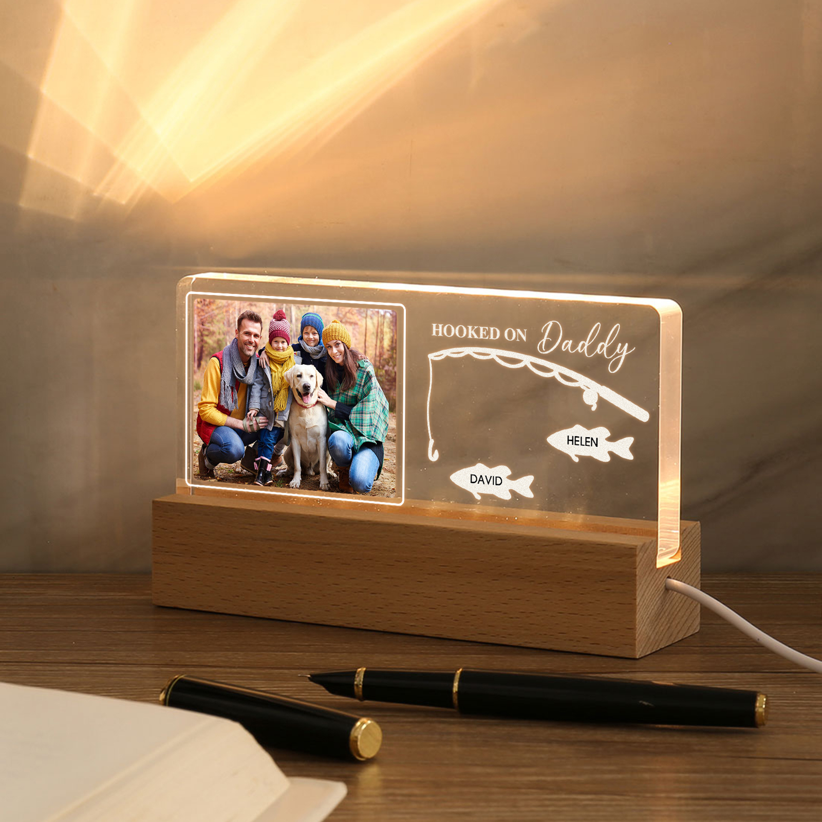 2 Names - Personalised Photo Fishing Pattern Desk Lamp Father's Day Gift For Dad