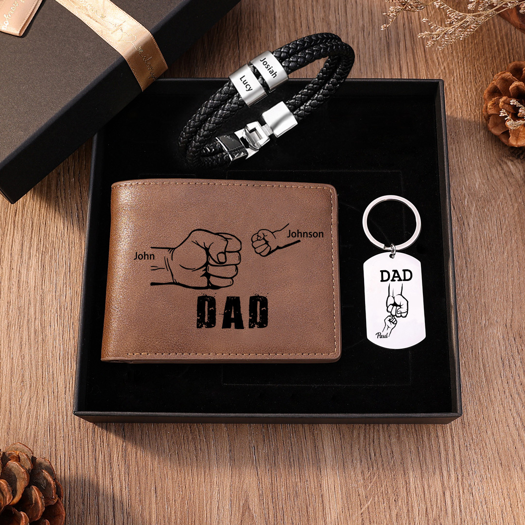 Personalised 2 Names Gift Set Custom Wallet & Bracelet & Keychain Gift Box Set Father’s Day Gifts