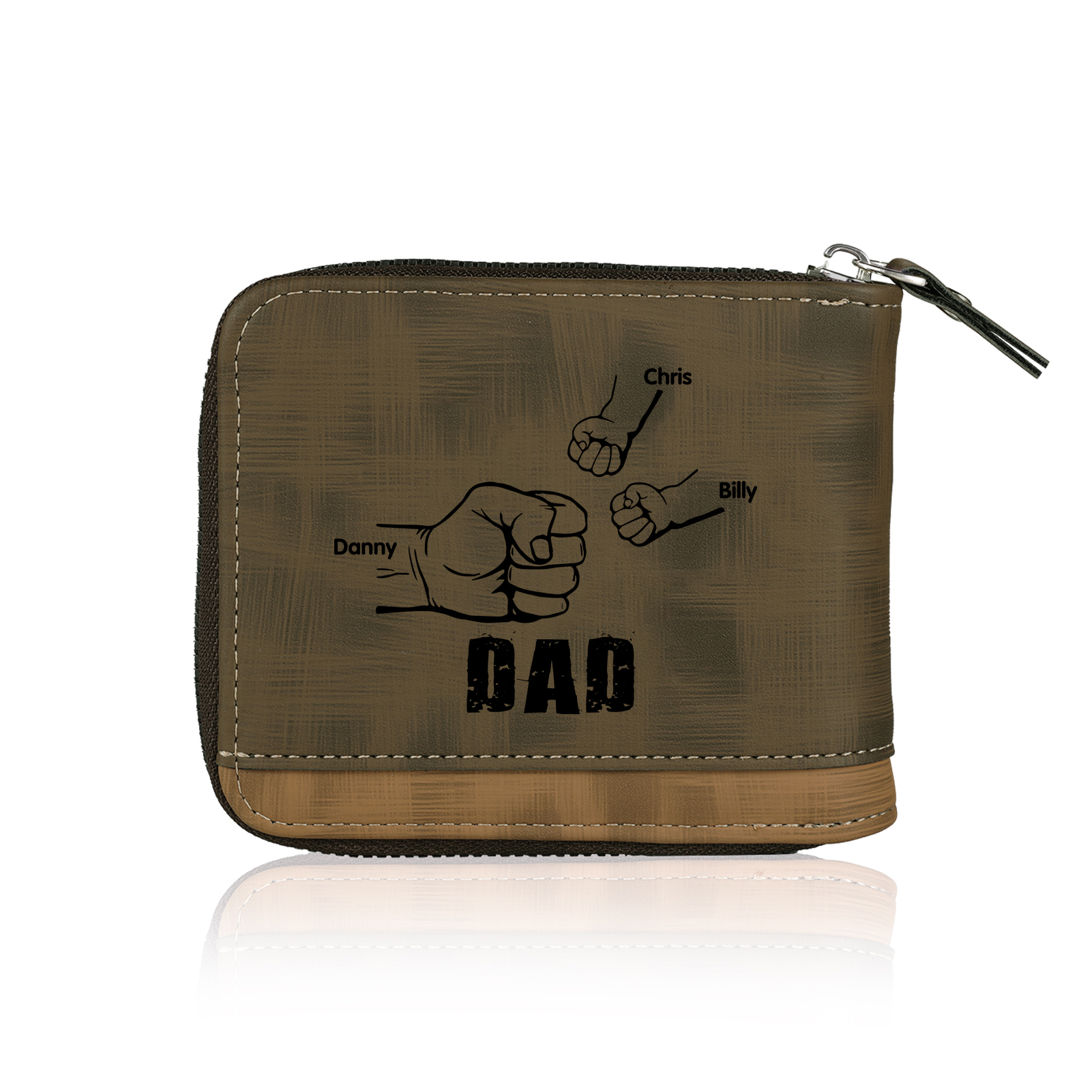 3 Names - Personalised Photo Custom Leather Men's Zipper Wallet as a Father's Day Gift for Dad