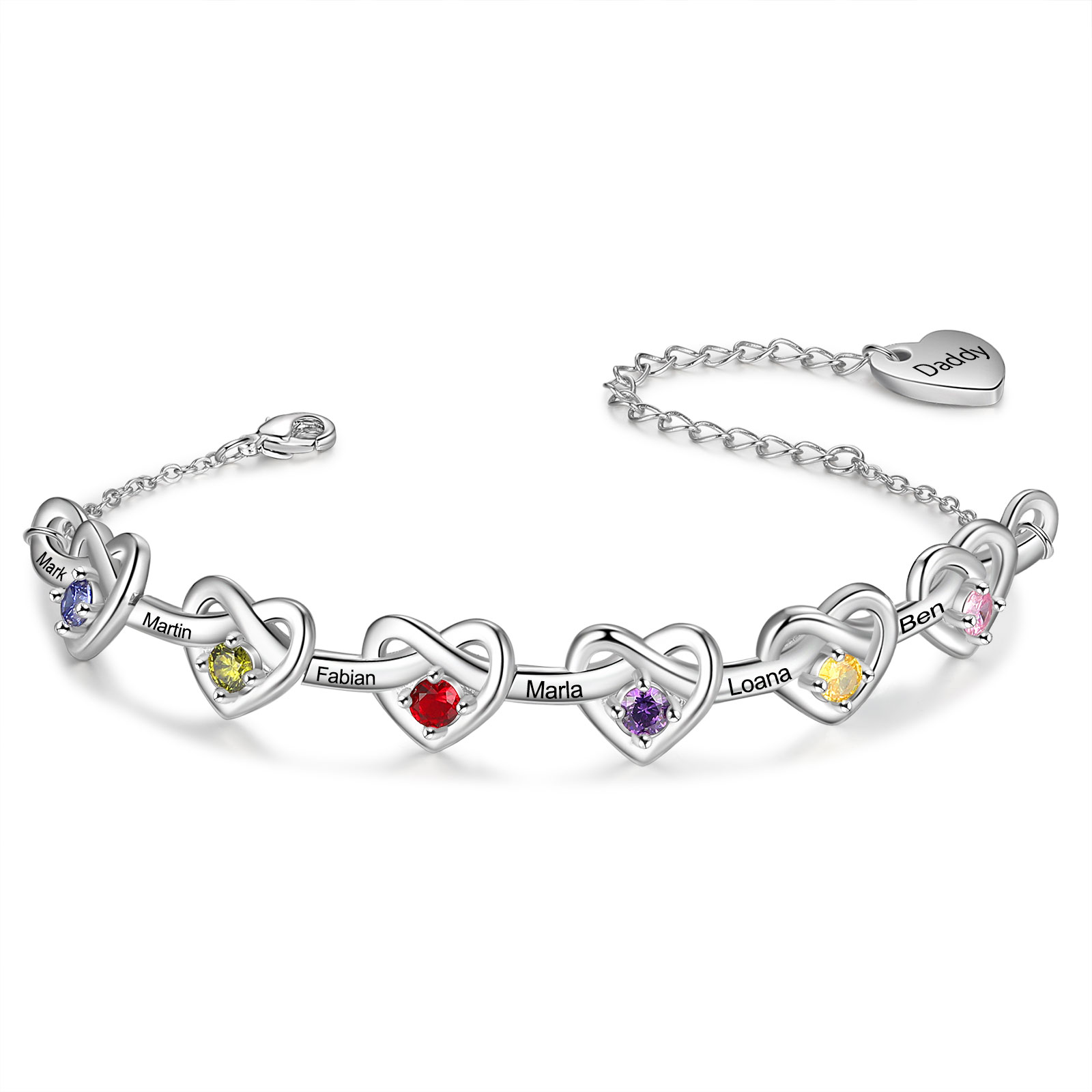 6 Names-Personalised Linked Heart Bracelet With 6 Birthstones Engraved Names And Text Bangle - Christmas Gift For Her