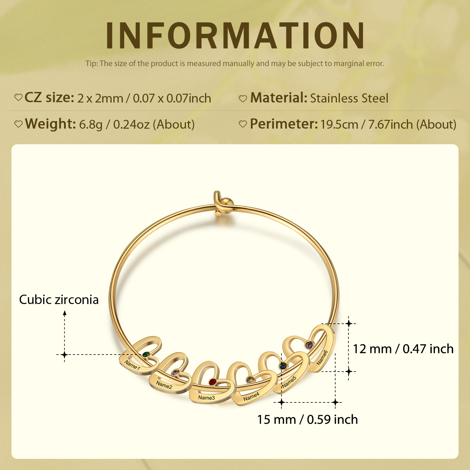 Personalised Heart Bangle With 6 Names and Birthstones Bangle Bracelet Mother's Day Gifts For women