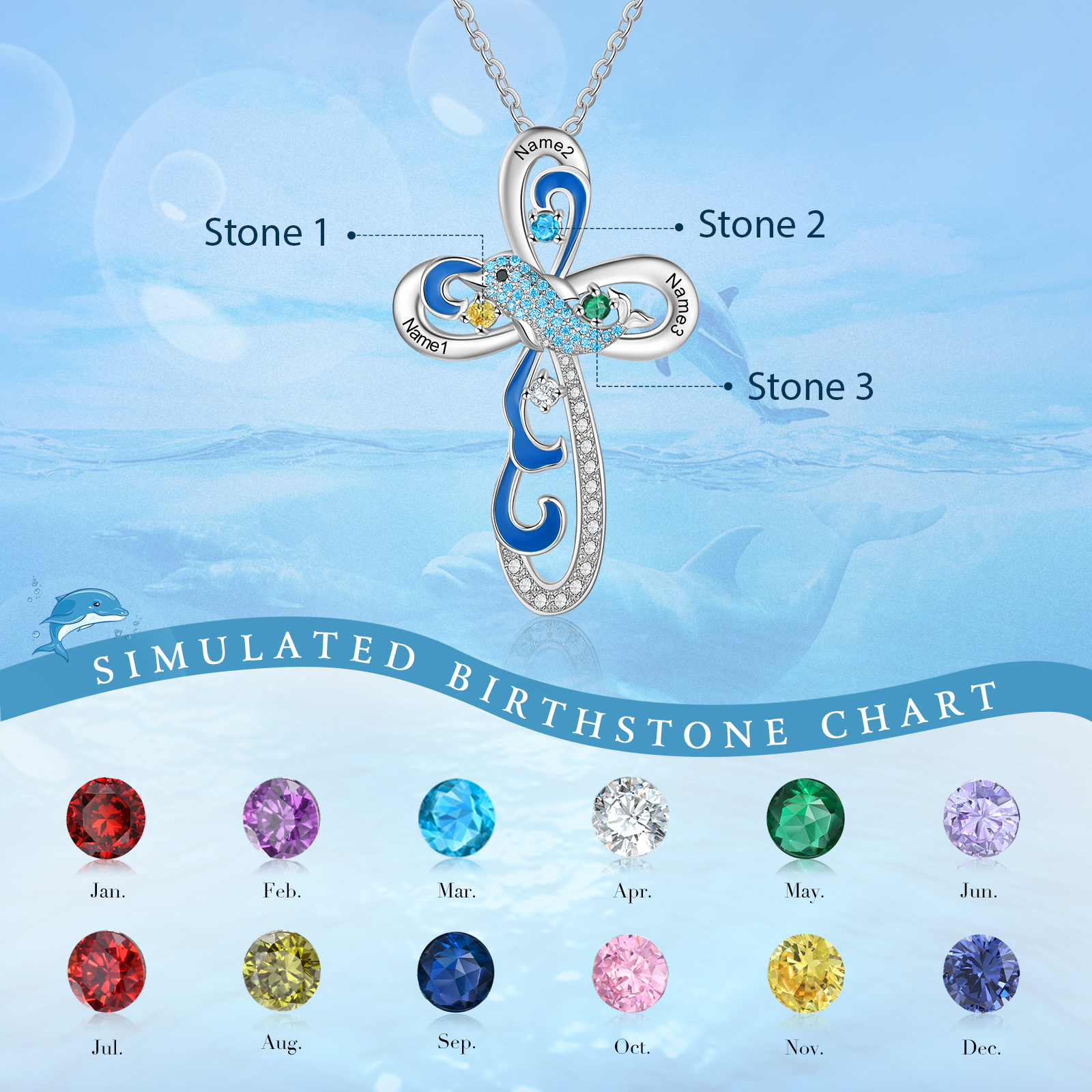 Personalized Dolphin Necklace With Names Custom 3 Birthstones Cross Necklace Gifts for Her