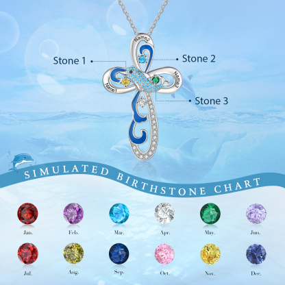 Personalized Dolphin Necklace With Names Custom 3 Birthstones Cross Necklace Gifts for Her