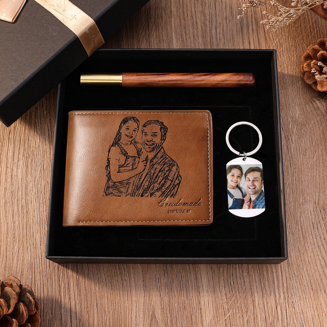 Personalised 2 Photos & 2 Text Set Custom Wallet & Keychain & Pen Gift Box Set Father’s Day Gift
