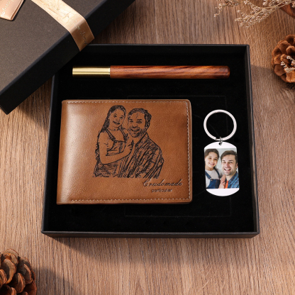Personalised 2 Photos & 2 Text Set Custom Wallet & Keychain & Pen Gift Box Set Father’s Day Gift