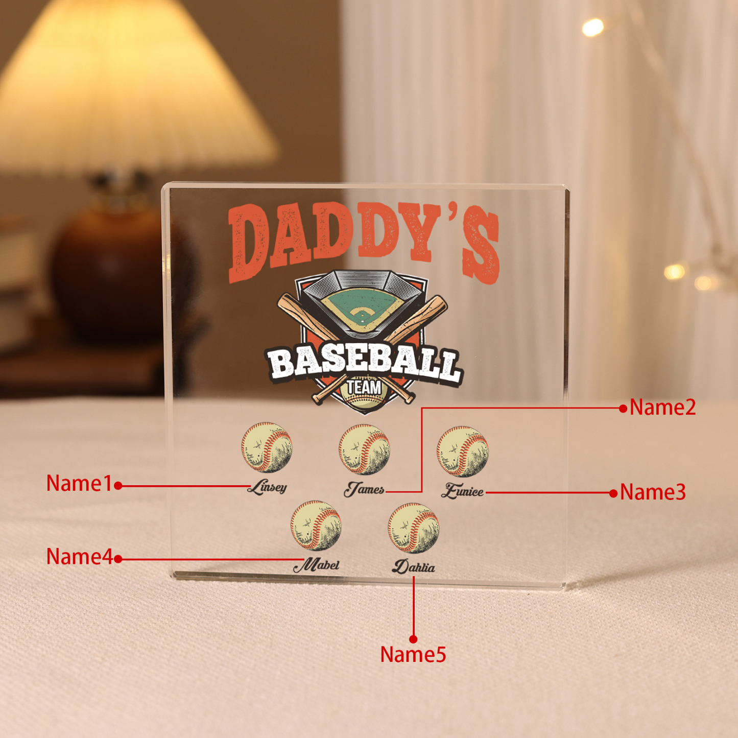 5 Names - Personalised Baseball Acrylic Keepsake Customized Name Acrylic Plaque Decoration Father's Day Gift for Dad