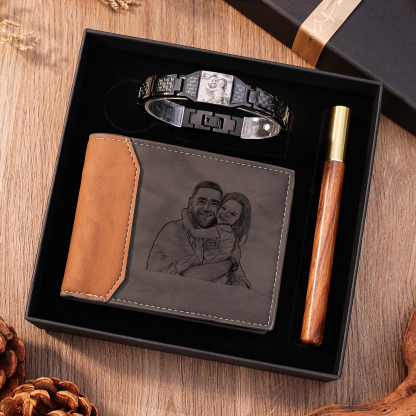 Personalised 2 Photos & 1 Name &1 Letter Gift Set Custom Wallet & Bracelet & Pen Gift Box Set Father’s Day Gifts