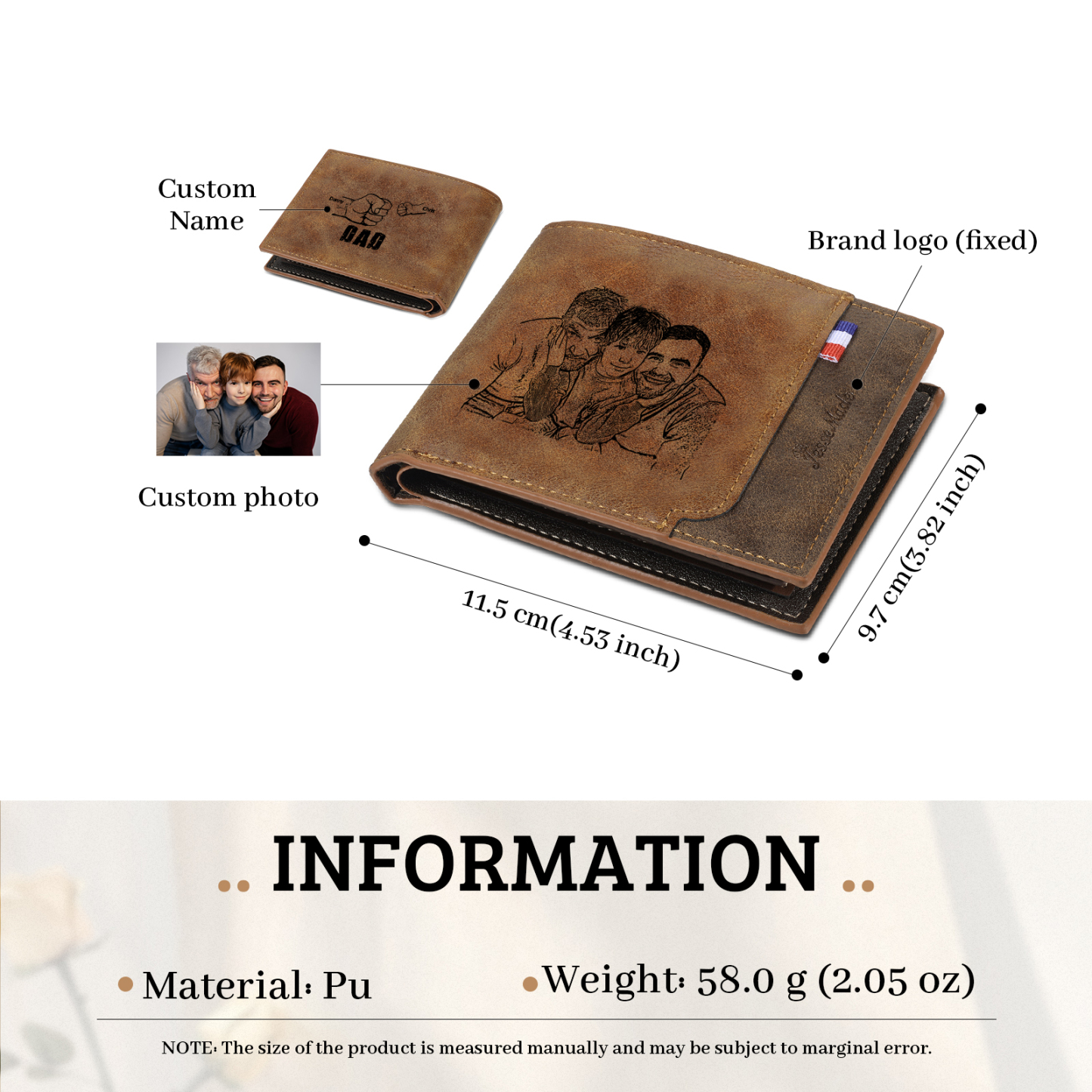 2 Names - Personalised Photo Custom Leather Men's Wallet as a Father's Day Gift for Dad