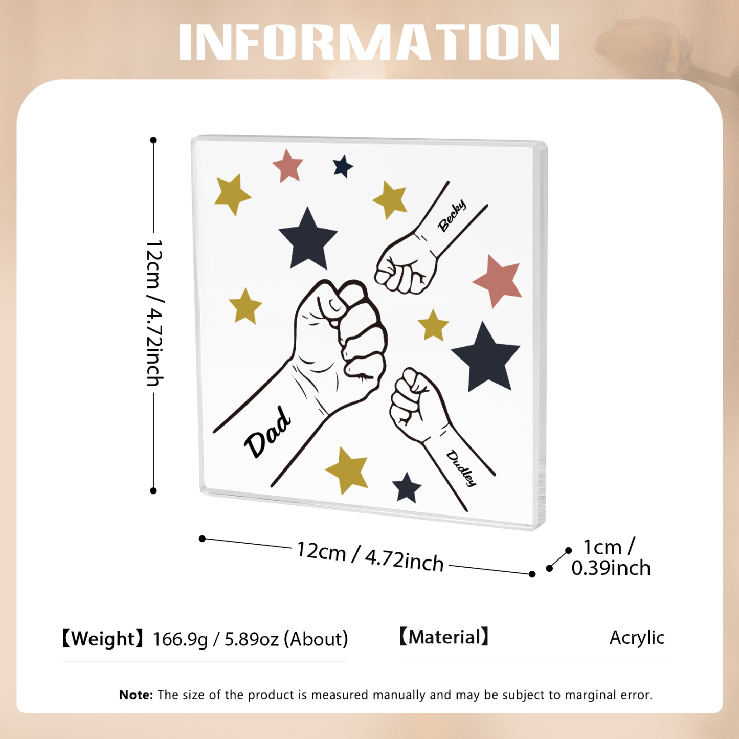 3 Names - Personalised Fist Bump Family Acrylic Keepsake Customized Name Acrylic Home Decor Gift for Dad