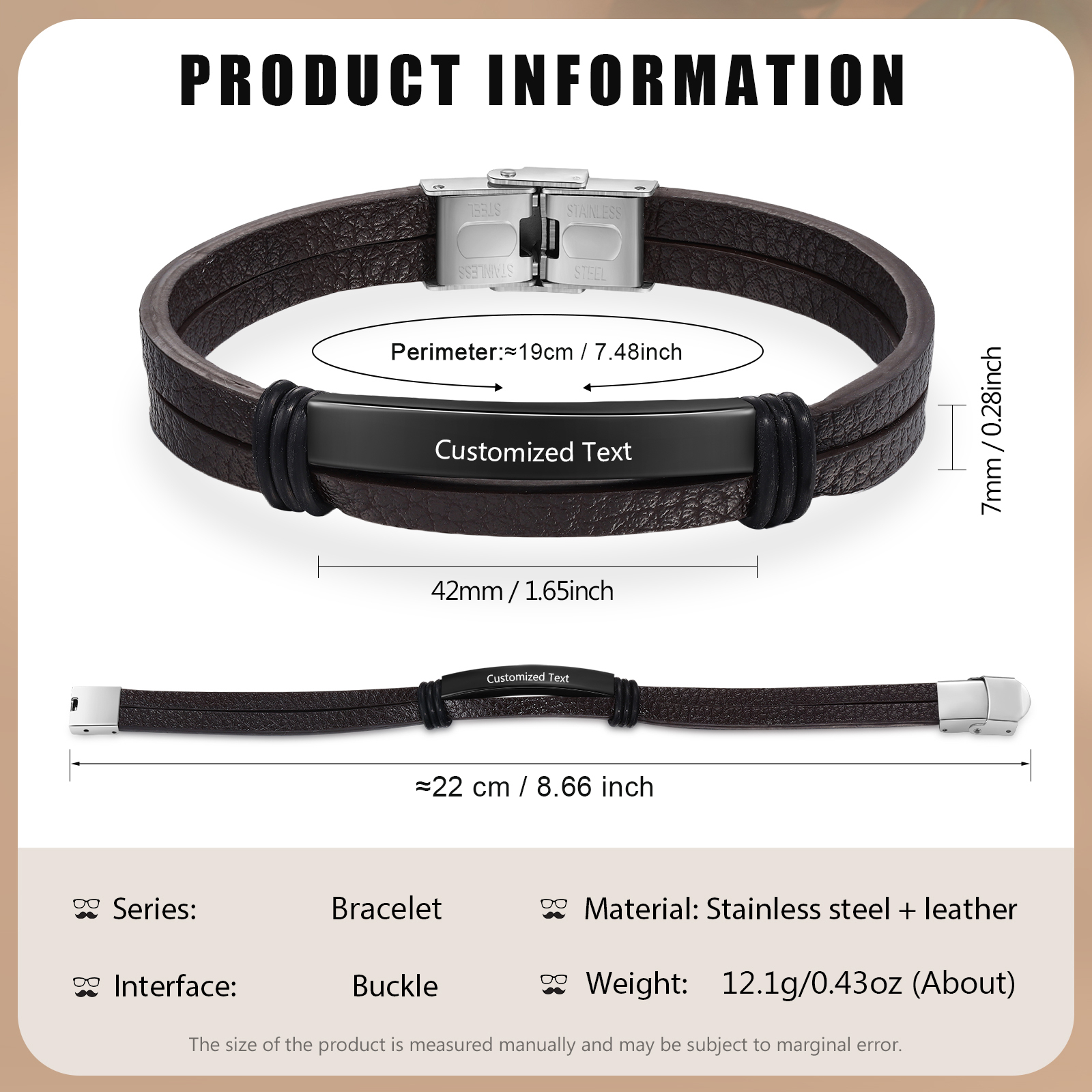 Personalised Text Brown Leather Bracelet Men's Bracelet Father's Day Gift for Dad