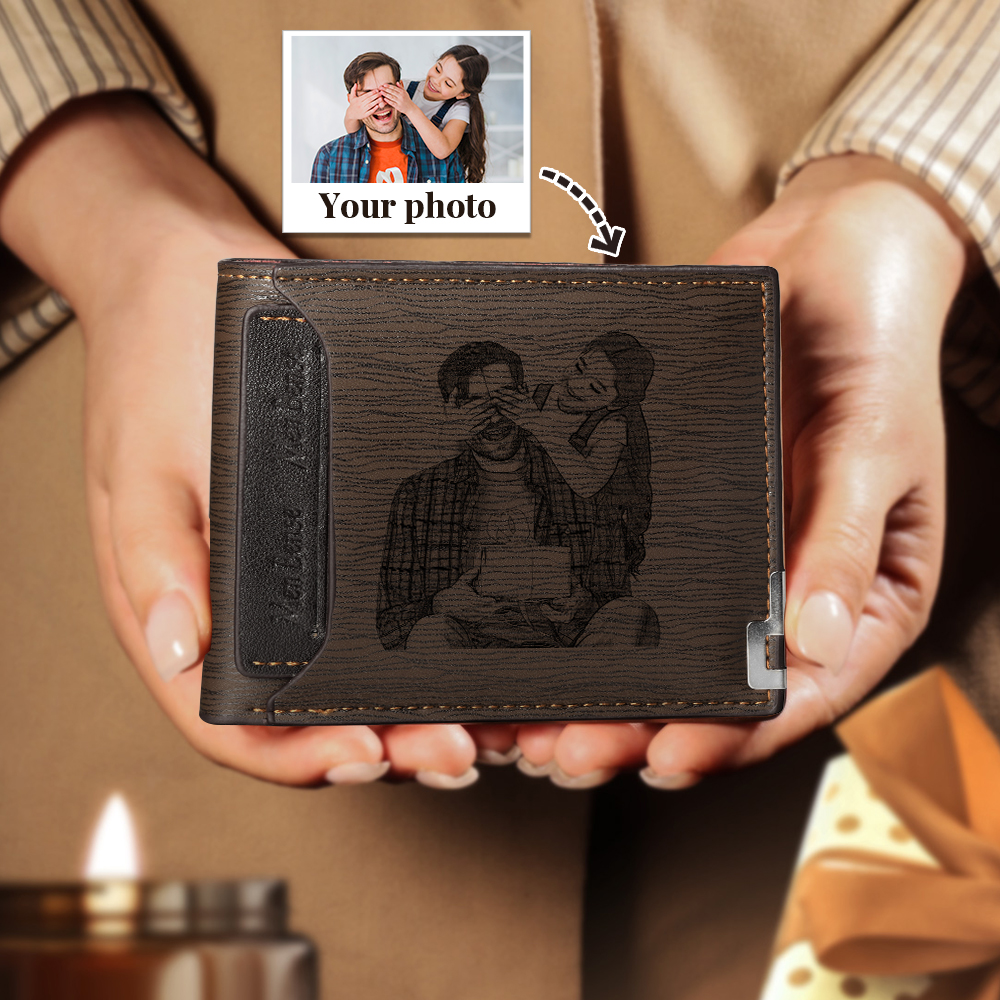 Personalised Photo Leather Men's Wallet With Card Slot Engraved Text Gift For Him