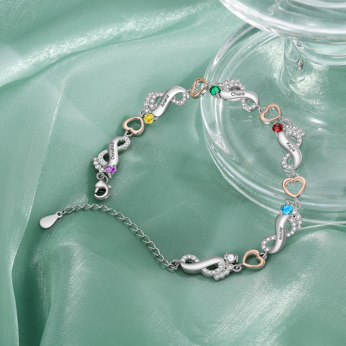 Personalised Baby Feet Bracelet Custom 5 Birthstones Set With Rose Gift Box Heart Bracelet Gifts For Women