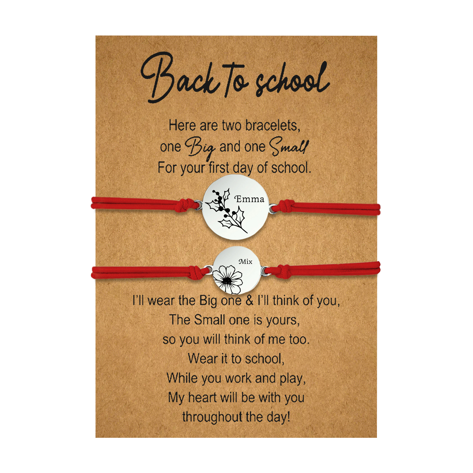 2 PCS Personalized 2 Birthflowers & 2 Names Elastic Stainless Steel Bracelet Back to School Gift for Daughter