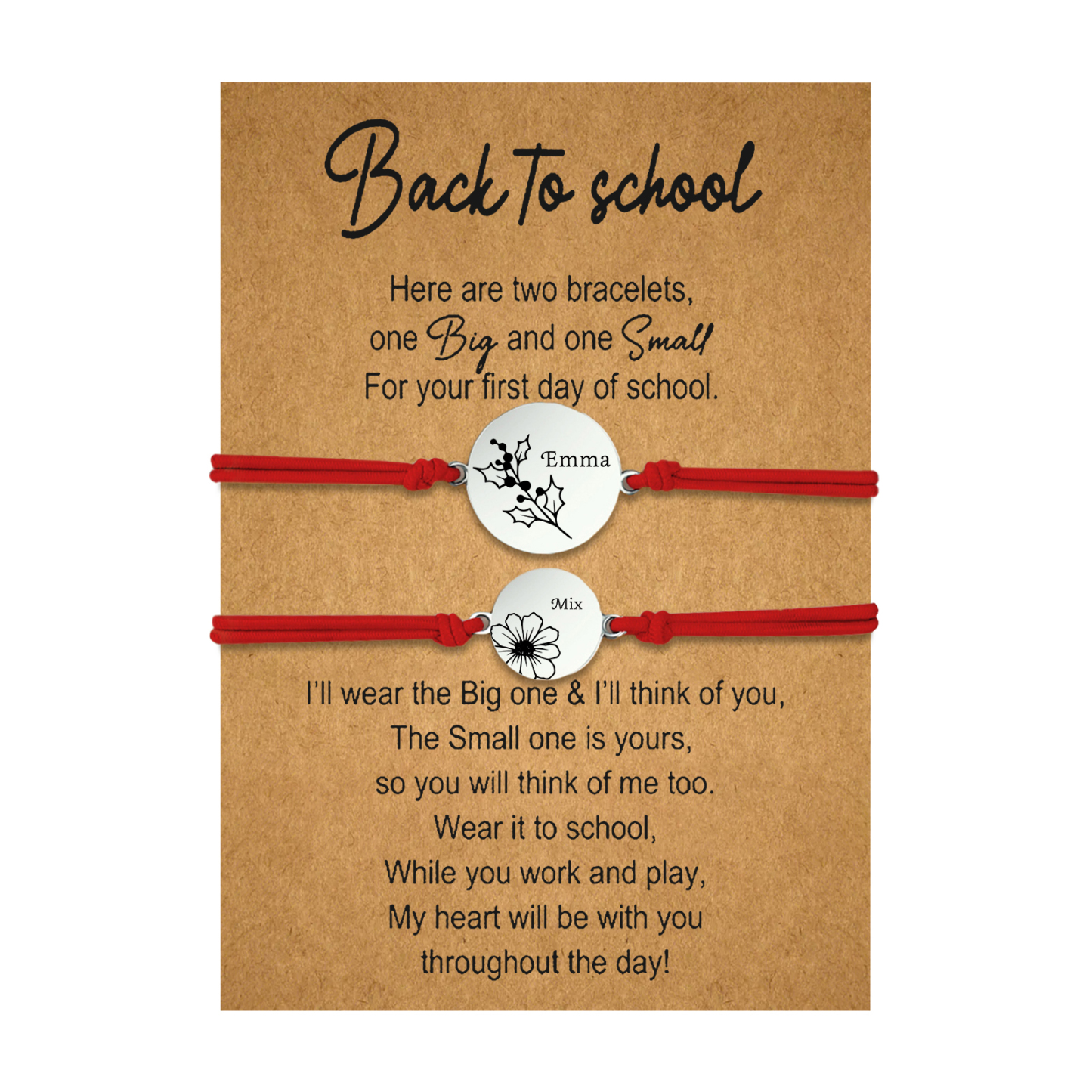 2 PCS Personalized 2 Birthflowers & 2 Names Elastic Stainless Steel Bracelet Back to School Gift for Daughter