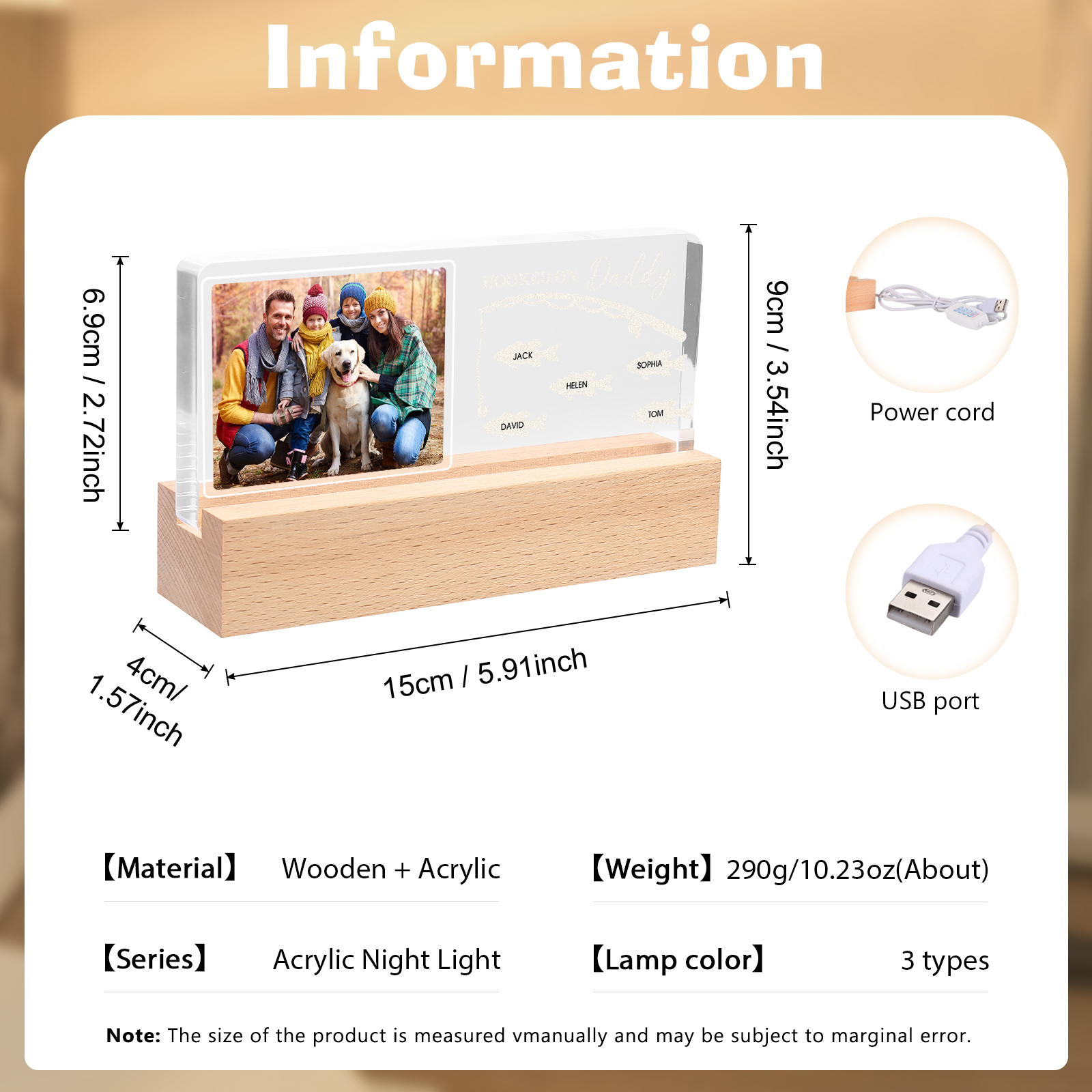 5 Names - Personalised Photo Fishing Pattern Desk Lamp Father's Day Gift For Dad